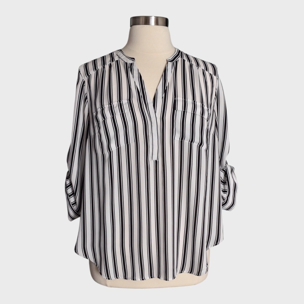Torrid Black White Vertical Stripe Roll Tab Sleeve Blouse